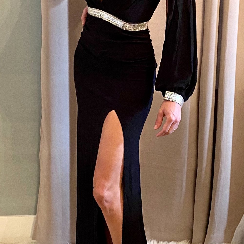 Rhinestone Maxi Dress Deep Plunged VNeck Slit Slev - Picture 10 of 13